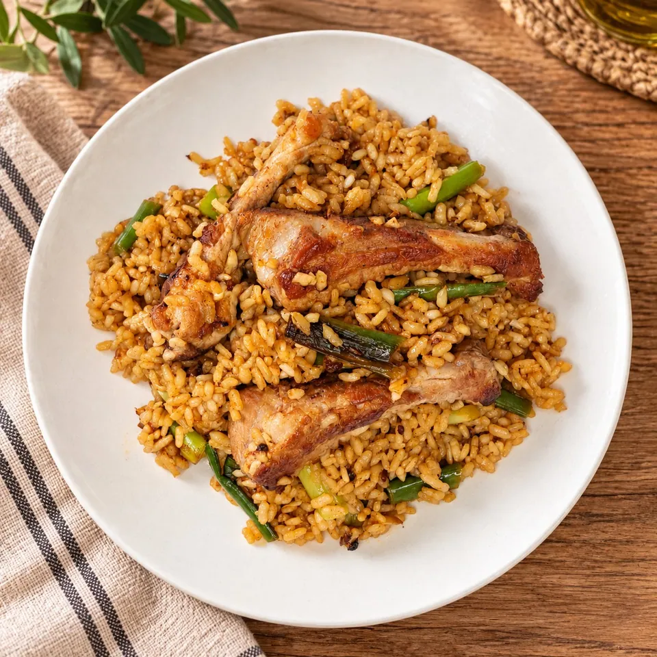 Arroz con costillas y ajos tiernos