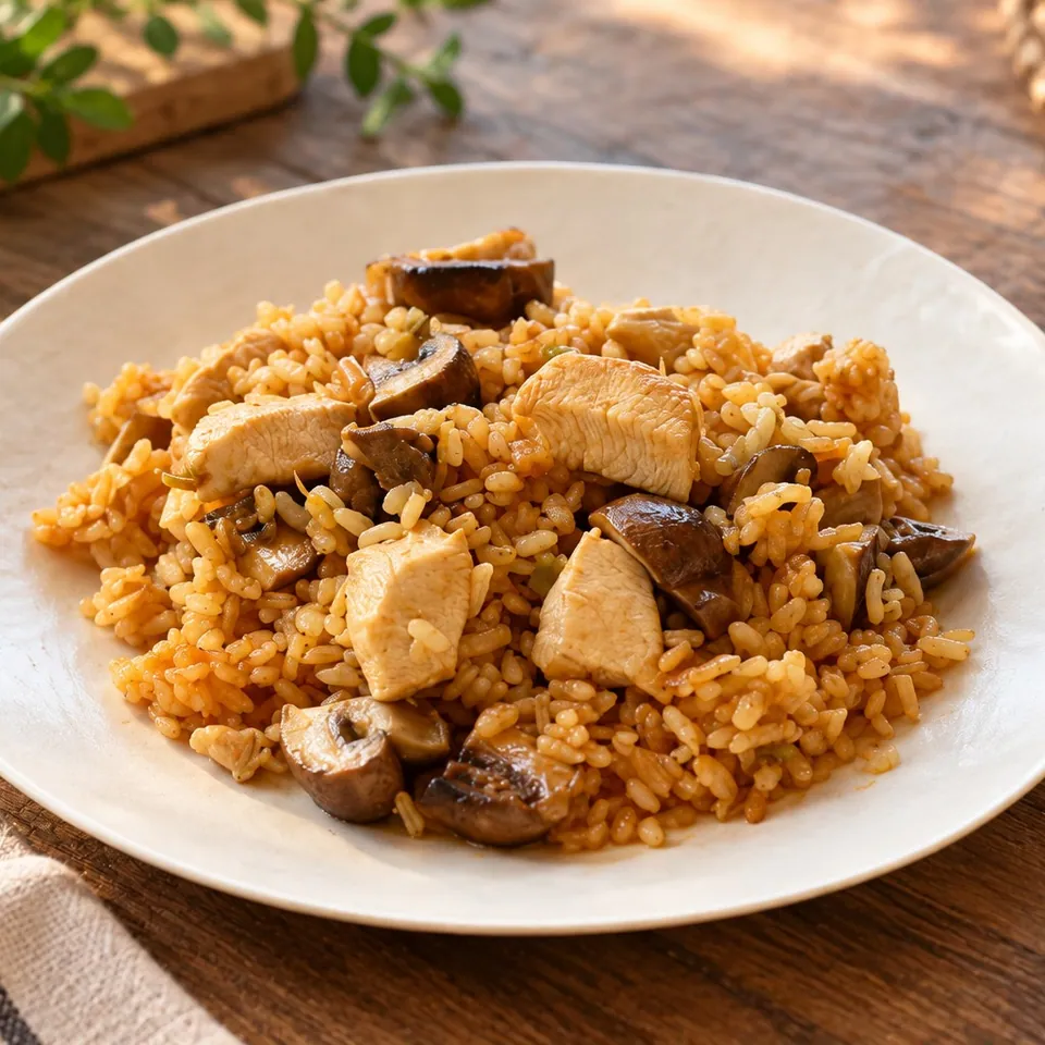 Arroz con pollo y champiñones