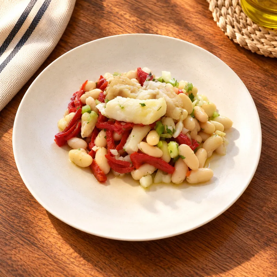 Ensalada de alubias, bacalao y piquillos
