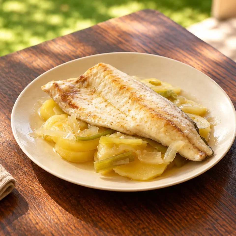 Lubina al horno con patatas y pimientos