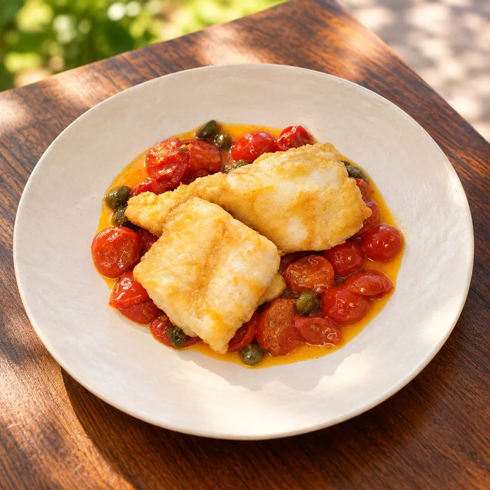 Merluza a la romana con tomatitos