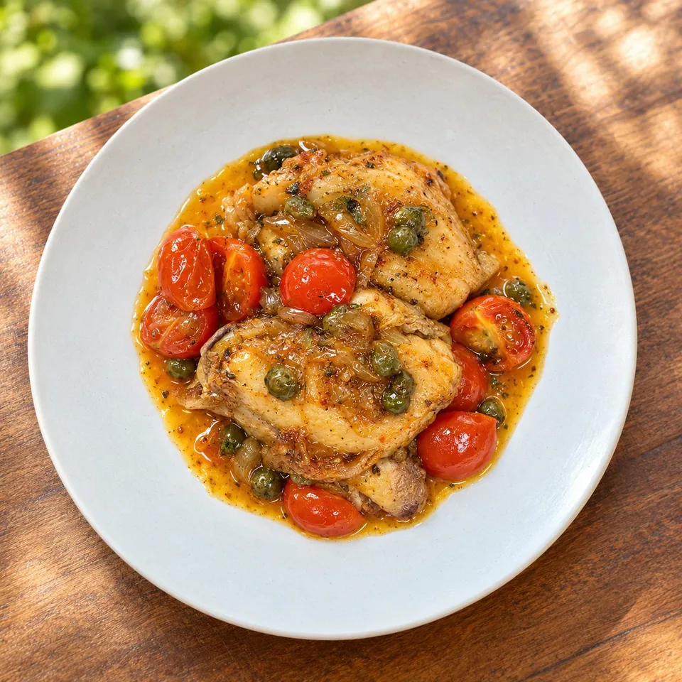 Pollo con tomatitos y alcaparras